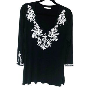Anthropologie CAITE Embroidered Black Tunic Top Women XL BOHO Artsy Asymmetric